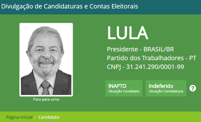 Site oficial do TSE indica Lula como candidato 'inapto' e registro da candidatura como 'indeferido' (Foto: Reprodução, TSE) 