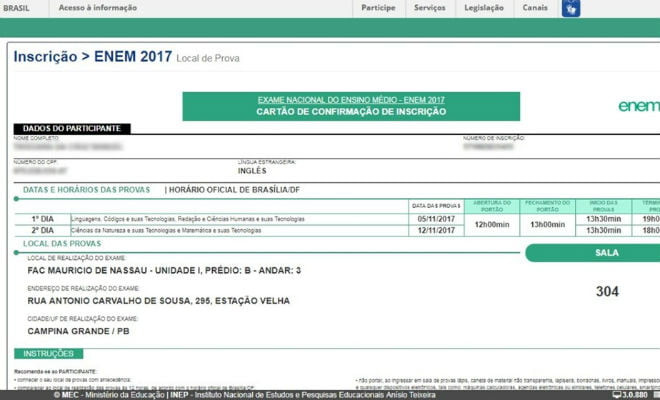 Veja o modelo do cartão de confirmação do Enem 2017 — Foto: Reprodução/Inep 