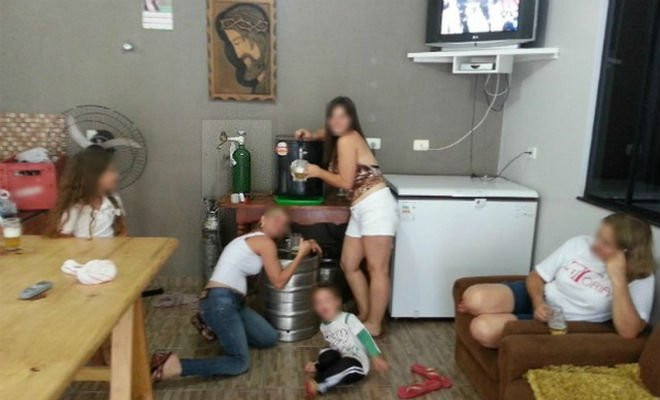 Fotos publicadas em uma rede social por familiares do ex-prefeito mostram o cilindro de oxigênio sendo usado em um barril de chope — Foto: Divulgação/Ministério Público do Paraná 