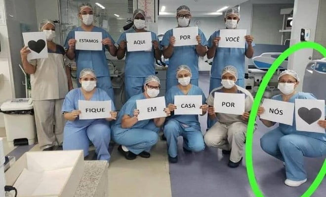 A técnica de enfermagem Adelita Ribeiro da Silva (à dir.), vítima da Covid-19, em campanha com outros profissionais de saúde pelo isolamento social - Governo de Goiás/Divulgação
