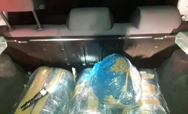 Maconha estava escondida no porta-malas de um carro e foi apreendida pela PRF, em Arcoverde — Foto: PRF/Divulgação 