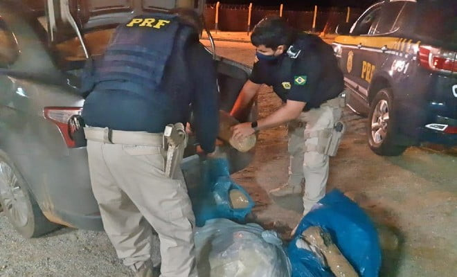 Dois homens são detidos com 69 kg de maconha e veículo roubado na BR 428, em Cabrobó — Foto: Polícia Rodoviária Federal/ Divulgação 