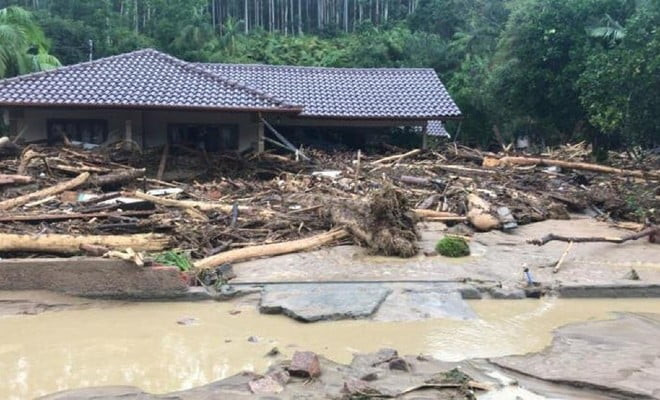 Vegetação, casas e muros foram arrastados com a força da chuva em Presidente Getúlio. — Foto: Reprodução/NSC TV
